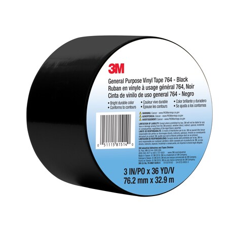 3M General Purpose Vinyl Tape 764, Black, 3 In X 36 Yd, 5 Mil 7010376163